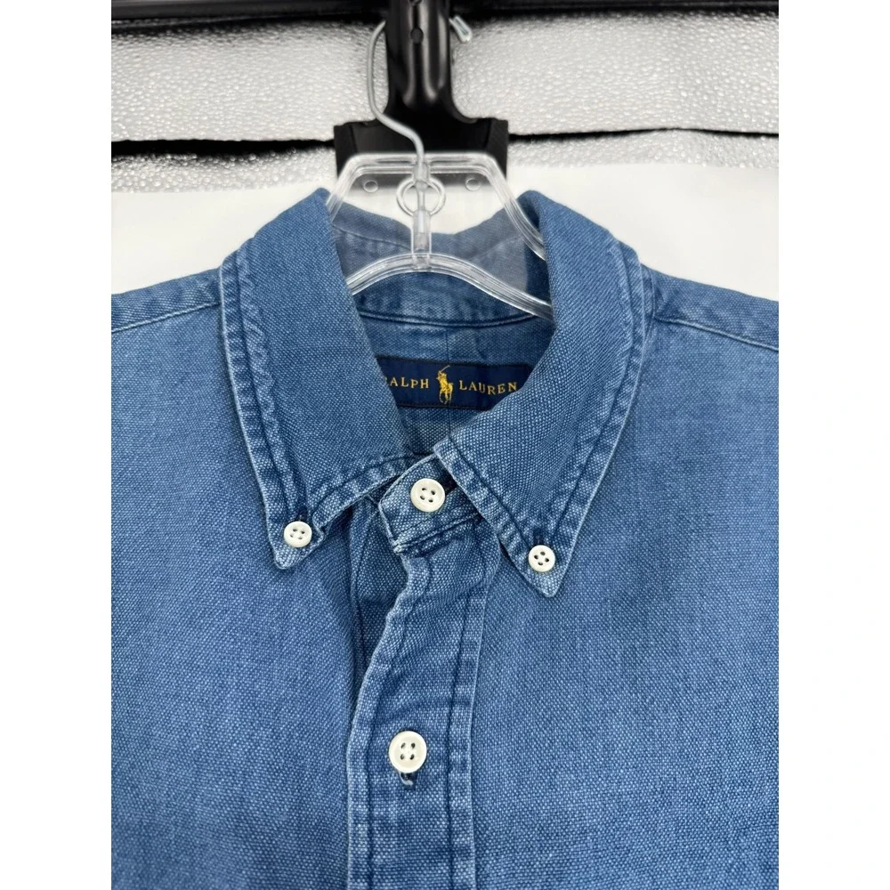 Polo Ralph Lauren Shirt Mens Medium Jean Denim Short Sleeve Button Down Pony